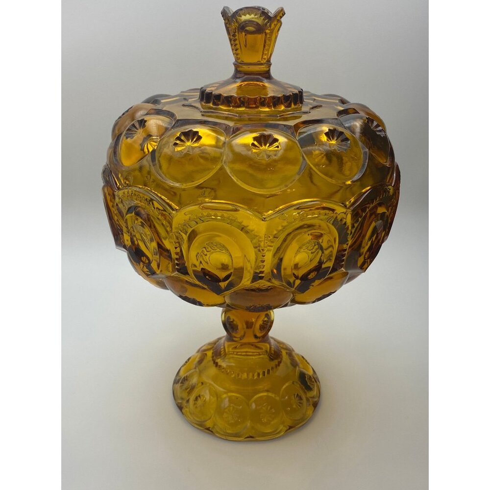 L.E. Smith Moon N Star Super Large Amber Lidded Compote 12”
